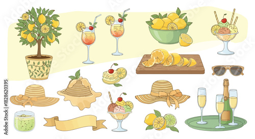 Vibrant Summer Citrus Party Vector Illustration Set: Fresh Refreshments and Sunny Accessories