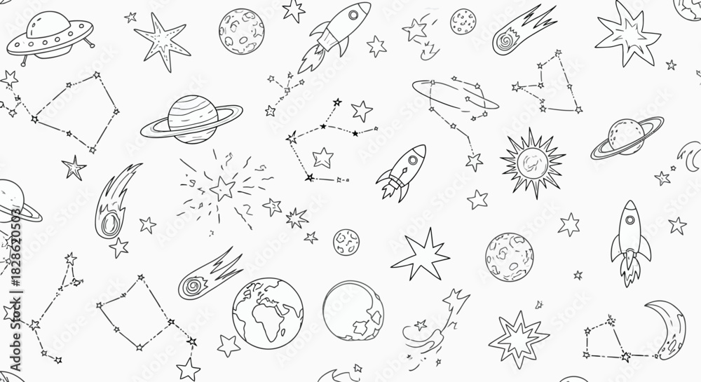 Obraz premium Seamless vector pattern of hand drawn space doodles for kids design and creative ideas