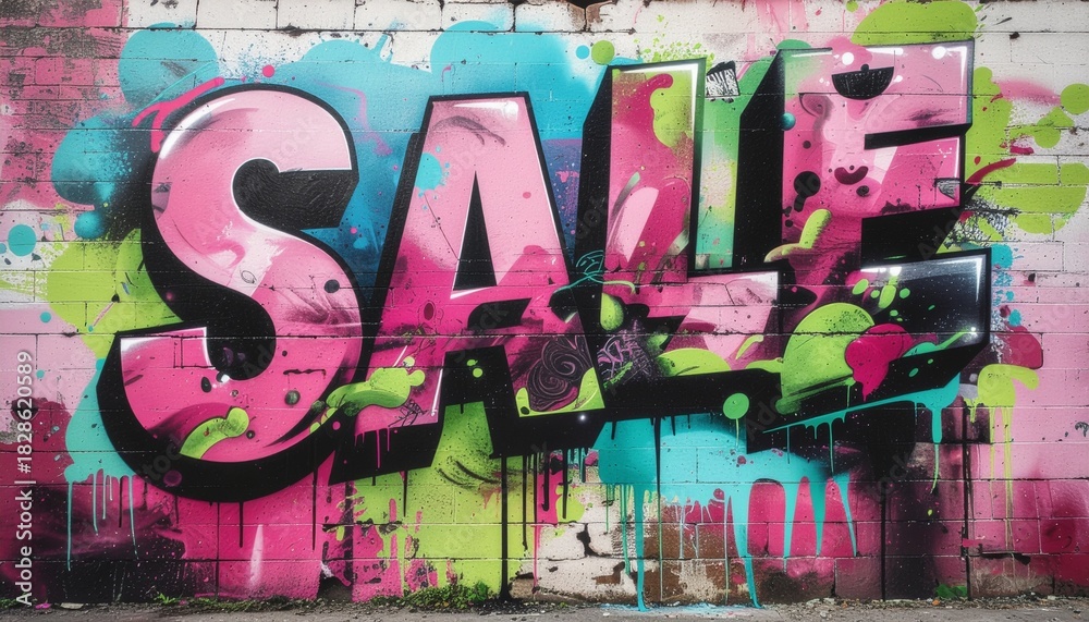 Fototapeta premium Exciting sale announcement in vibrant graffiti style on brick wall, ideal for retail marketing and promotional campaigns, eye catching colors and urban vibe