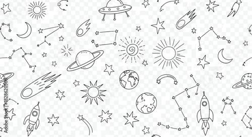 Seamless Space Doodles Vector Pattern Illustration with Rockets, Planets and Stars