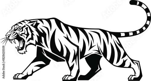 Angry Roaring Tiger Silhouette Vector Illustration, Wild Animal Predator in Stalking Pose, Aggressive Mascot Design for Sport Team Logo