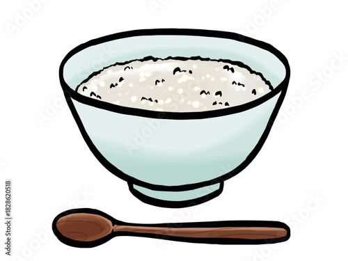 おかゆのイラスト （筆タッチ） シンプル 木製スプーン / Plain Rice Porridge (Brush Style)