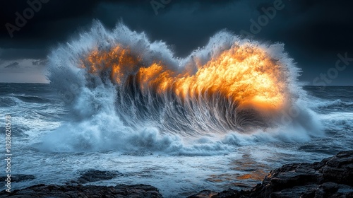 Fiery ocean wave, dramatic storm
