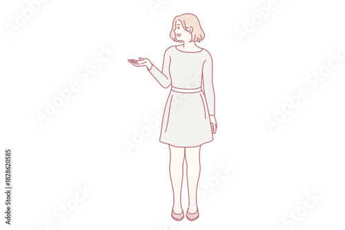 woman presenting product with open palm and guiding gesture, poised stance in bright studio with friendly expression, suggests sales or customer service role for retail and tutorial content, adaptable