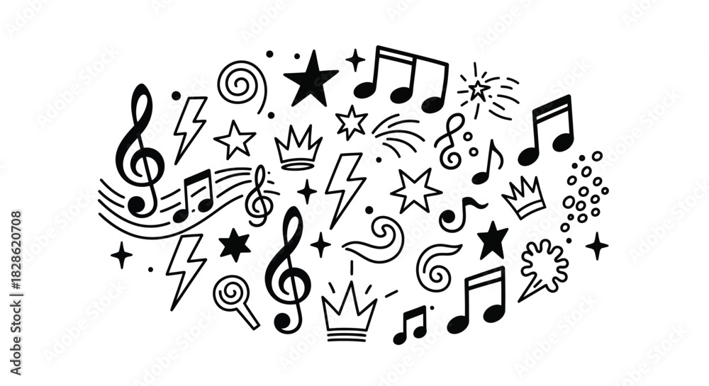 Obraz premium Whimsical musical doodle art with notes, crowns, stars, and lightning bolts illustration.