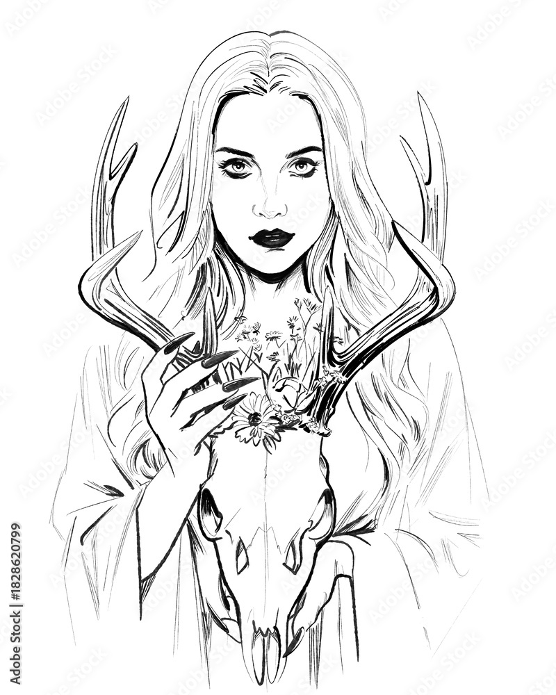 Obraz premium Mystical witch or priestess figure, carrying a deer skull with flowers around its antlers in her manicured hands with long fingernails. The woman stares with an intense gaze. Hand drawn illustration.