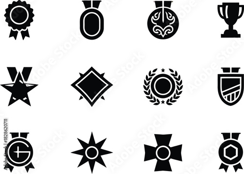 Collection of twelve distinct black and white award icons in a structured arrangement format design