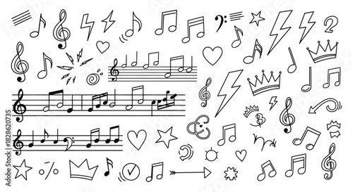 Musical Notes and Doodles Vector Illustration Set with Treble Clef and Sheet Music
