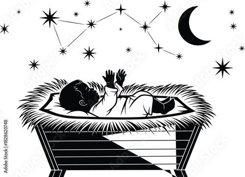 Baby Jesus lying in manger silhouette with moon and stars, Christian nativity scene night background, isolated cad drawing flat vector illustration