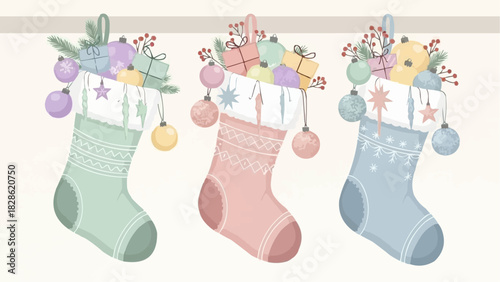 Three christmas stockings hanging filled with gifts and ornaments with a festive holiday theme design