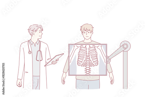 Doctor examine unhealthy male patient standing on xray machine testing body. Man get organism checked on X ray in clinic or hospital. Medicine, healthcare concept. Flat vector illustration.
