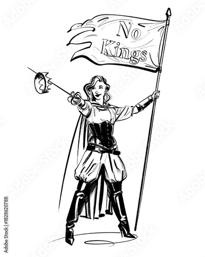 Obraz na plátne A musketeer style freedom fighter is waving a flag with 'no kings' on it, she extends her rapier holding up a king's crown with it