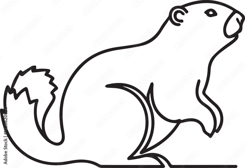 Fototapeta premium Simple outline drawing of a groundhog standing on a white background