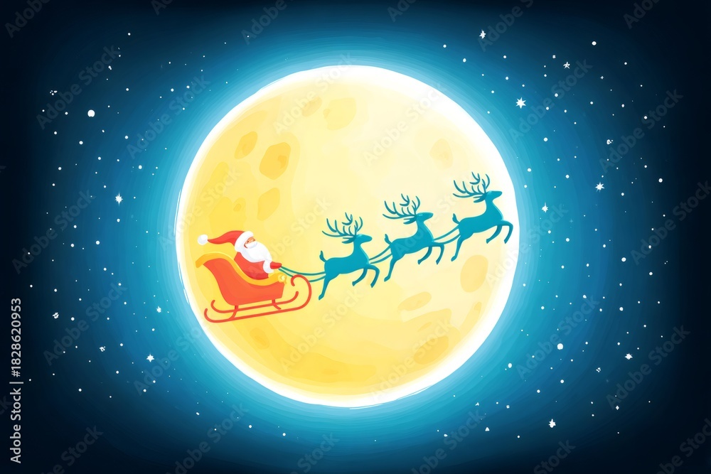 Fototapeta premium Santa claus flying sleigh with reindeer across full moon