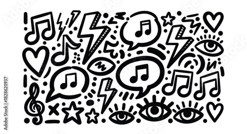 Hand-Drawn Music Doodle Vector Elements for Design: Notes, Hearts, and Lightning Bolts