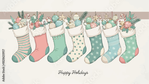 Pastel christmas stockings filled with ornaments and treats hanging on a mantelpiece for happy holidays