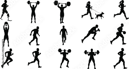 Big set of athlete silhouettes including runners weightlifters basketball players and paralympic runner, cad drawing flat vector illustration