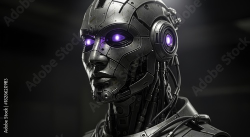 Intricate Cybernetic Humanoid Robot with Glowing Purple Eyes in a High-Contrast Sci-Fi Portrait