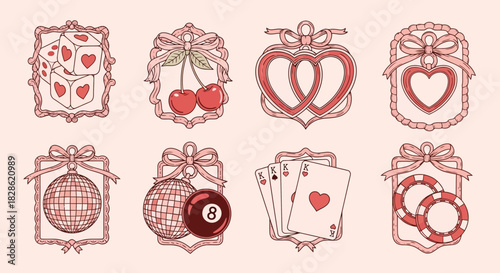 Vintage Lucky Charms Vector Illustration Set with Dice, Cherries, Hearts, and Playing Cards