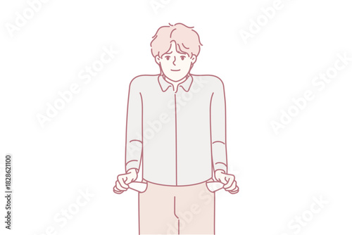 Man pulling out empty pockets with concerned expression, clean line illustration emphasizing personal finance struggle and budget pressure, visual suited for debt, savings and economic advice contexts