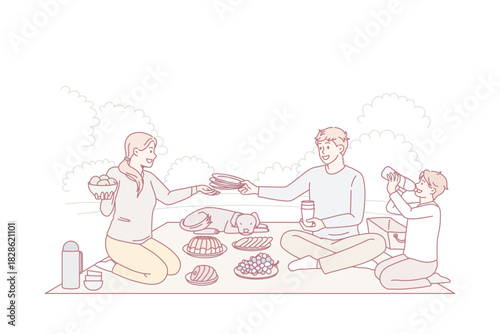 Happy family with child and dog sit on blanket in park enjoy weekend picnic together. Smiling parents relax with kid and pet eat out on leisure vacation summer time. Relaxation. Vector illustration.