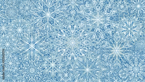 A dense arrangement of stylized snowflakes in varying sizes and intricate designs on blue background