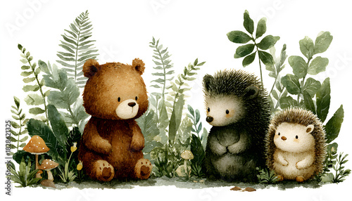 Woodland watercolor cute animals baby bear and hedgeh. Forest aquarelle sweet creature cub and urchin fauna woodland wildlife infancy childish painting illustration artistic
