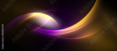 Abstract design features flowing curves, vibrant colors. Purple, gold hues dominate dark background. Smooth gradients create luminous effect.