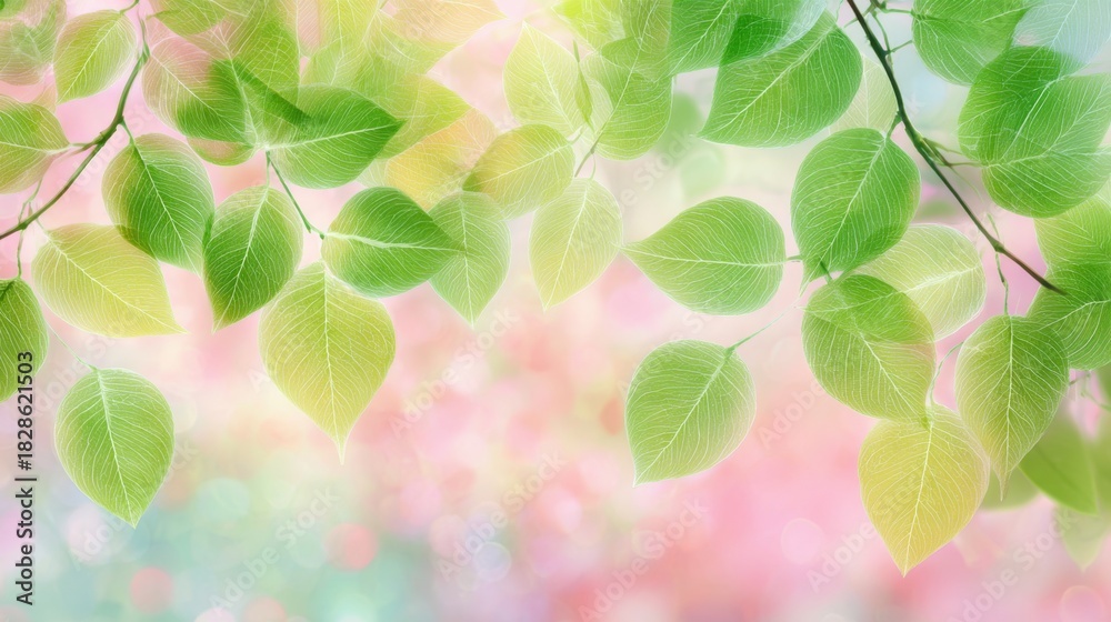 Naklejka premium Delicate green leaves hang gracefully catching the soft light. The blurred background adds a dreamy quality suggesting a peaceful garden scene during a sunny day.