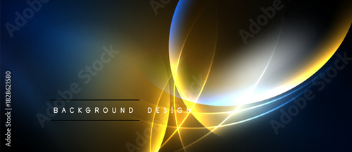 Abstract design features vibrant blue, gold, white curves. Dynamic lines create modern, energetic visual impact. Dark background emphasizes luminosity.