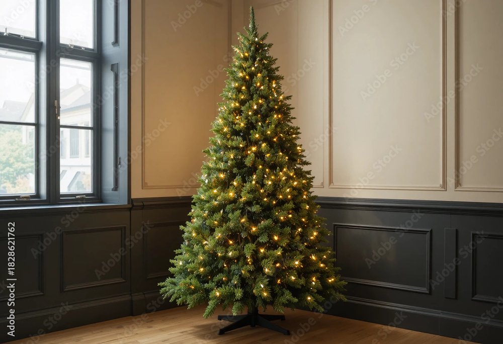 Fototapeta premium Full view of lush green artificial Christmas tree decorated with warm yellow LED lights, black metal base, set in modern living room with dark wainscoting, cream wall, and wooden floor background.