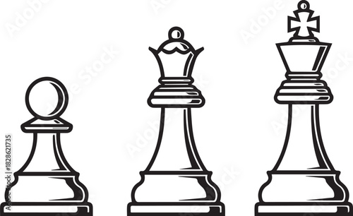 Chess Pawn Queen and King Line Art on White Background Keywords: chess, pawn, queen, king, chess