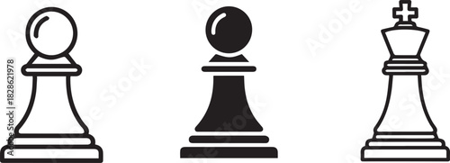 Three black chess pieces on white background pawn king