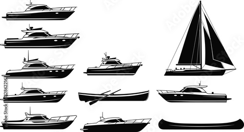 Boat silhouette set, black yacht and sailboat icons, marine transport collection, ocean vessel design, isolated on white, cad drawing flat vector illustration