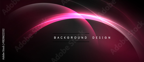 Dark abstract background features curved glowing lines. Pink hues dominate design, creating dynamic visual effect. Minimalist text present.