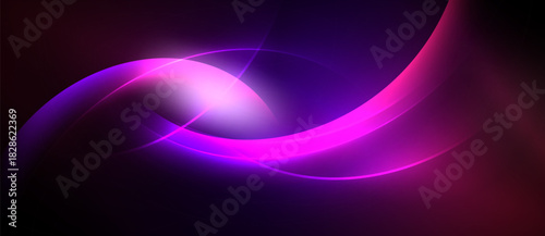 Abstract swirls, vibrant magenta, purple hues dominate. Light radiates from center, creating dynamic visual effect. Smooth gradients present.