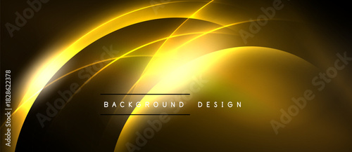 Abstract golden lines create dynamic curves, radiating light. Dark background emphasizes bright, flowing shapes. Modern design element.