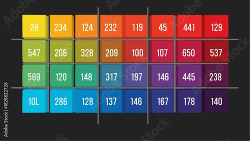 Arrangement of colorful squares with numerical values inside and separated by gray lines on dark background