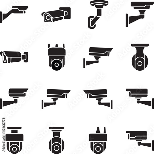 Collection of various security camera icons and illustrations