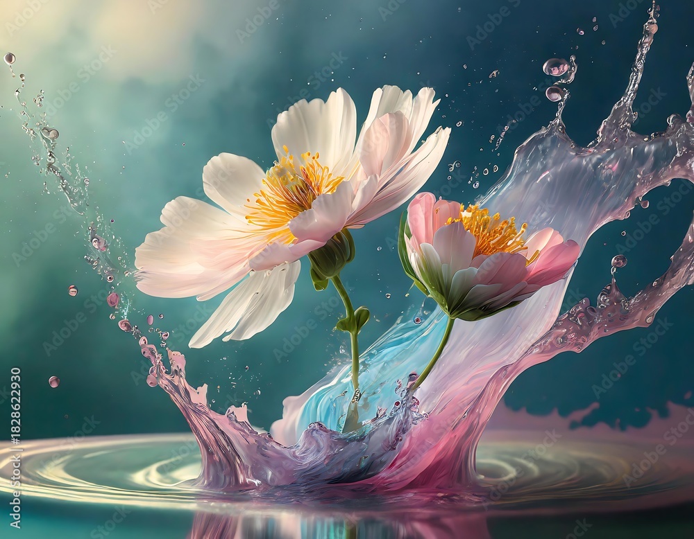 custom made wallpaper toronto digitalColorful flowers splash into water, creating a vibrant scene under soft light enhancing their natural beauty . Generative AI