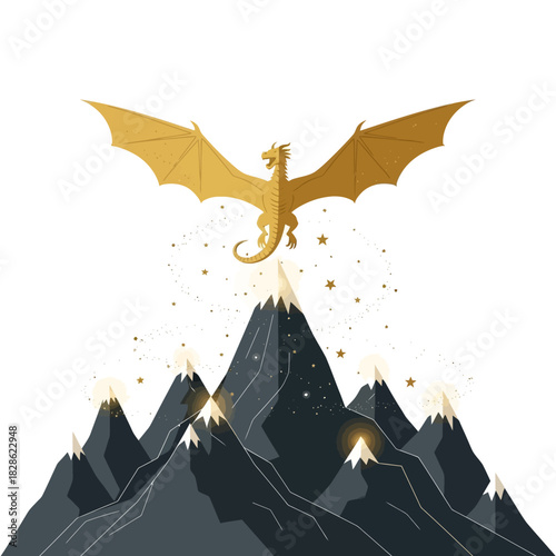 Golden dragon flying majestically over a range of dark, snow-capped mountains with sparkling stars.