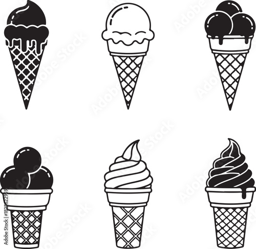 Assorted Ice Cream Cones and Cups Line Art vector