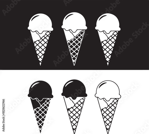 Six Ice Cream Cones in Black and White vector whisk