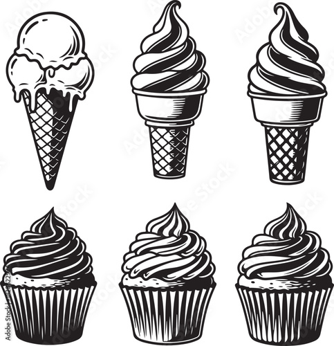 Ice Cream Cones and Cupcakes Line Art Collection dessert