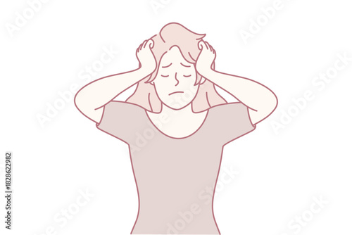 young woman holding head in pain, soft pastel lineart illustration with closed eyes and furrowed brow, hands