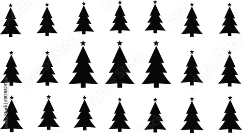 Christmas tree silhouette set, black vector icon collection of festive fir trees with stars for holiday pattern background design.