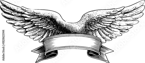 Intricate mechanical wing design with decorative banner for retro and steampunk themes