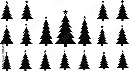 Christmas tree silhouettes set with stars, black vector fir and pine icons collection for winter holiday greeting card design.