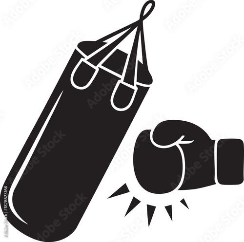 Tilted punching bag struck by boxing glove icon showing forceful impact for combat sports, fitness training, boxing workout and gym use