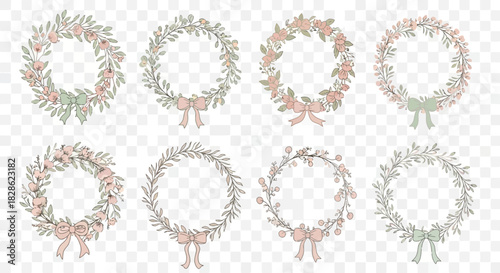 Elegant floral wreath vector pack with delicate bows for wedding cards and invitations, wreaths set